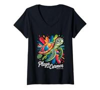 Femme Playa Del Carmen, Souvenir de Tortue de mer Mexique T-Shirt avec Col en V