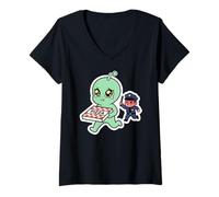 Femme Pleurer Alien Pizza Thief Police Chase T-Shirt avec Col en V