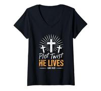 Femme Plot Twist He Lives Luke 24 23 Croix Christian Easter Day T-Shirt avec Col en V