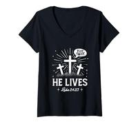 Femme Plot Twist He Lives Luke 24 23 Croix Christian Easter Day T-Shirt avec Col en V