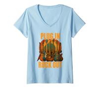 Femme Plug in Rocks Out Stories Guitare Musique T-Shirt T-Shirt avec Col en V