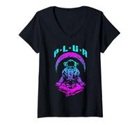 Femme Plur Peace Love Unity Respect Techno Rave EDM Astronaute T-Shirt avec Col en V