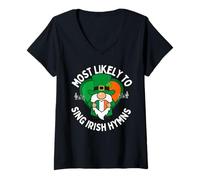 Femme Plus susceptible de Chanter Un hymne Irlandais Shamrock Saint Patrick T-Shirt avec Col en V