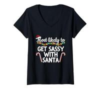 Femme Plus susceptible de Devenir Impertinent avec Noël Assorti à la Famille du Père Noël T-Shirt avec Col en V