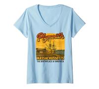 Femme Plymouth MA Mayflower Lieu de Naissance d'Amérique Massachusetts T-Shirt avec Col en V