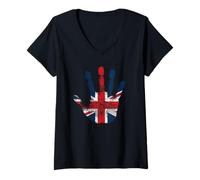 Femme Pochoir imprimé Drapeau Britannique Patriotique ADN à la Main T-Shirt avec Col en V