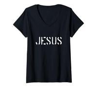 Femme Pochoir Jésus Le Nom de Jésus Armée Police Texte Clair T-Shirt avec Col en V
