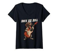 Femme Pointeur Allemand à Poil Court Jouant de la Guitare Rock and Roll T-Shirt avec Col en V
