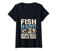 Femme Poisson Boisson Dure bière Promenade Chien T-Shirt avec Col en V