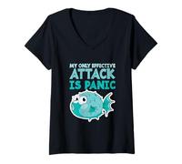 Femme Poisson-Globe Humoristique « My Only Effective Attack is Panic » T-Shirt avec Col en V