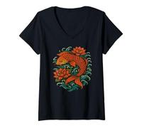 Femme Poisson Koï avec Fleurs de Lotus - Folklore Oriental Fantasy Art T-Shirt avec Col en V