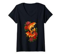 Femme Poisson koï élégant style tatouage art floral T-Shirt avec Col en V