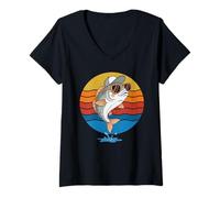 Femme Poisson rétro Cool dans des Lunettes de Soleil années 70, 80, 90, pêche drôle T-Shirt avec Col en V