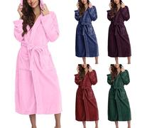 Femme Polaire A Capuche Hiver Chaud Peignoir, Robe De Chambre Femme Chaude Molleton, Peignoir De Bain A Nouer Loungewear Avec Poches Pyjama De Nuit Couleur Unie Décontracté Bathrobe Long Albornoz