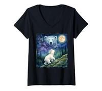 Femme Polar Bear Cub Howling at The Moon Cosmic Night Sky Art T-Shirt avec Col en V