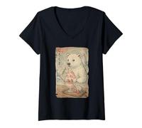 Femme Polar Bear Strawberry Milk Shaved Ice Series Kawaii Ukiyo T-Shirt avec Col en V