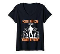 Femme Policier Le Jour, Zombie la Nuit, Flic d'halloween drôle T-Shirt avec Col en V