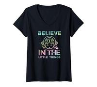 Femme Polly Pocket Believe in The Little Things T-Shirt avec Col en V, Noir, M