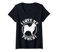 Femme Pomchi Dog J'aime Mon Papa Maman Pomchi T-Shirt avec Col en V