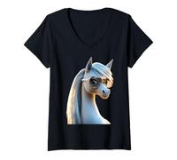 Femme Poney avec Lunettes de Soleil Cavalière Ponette Poneys T-Shirt avec Col en V