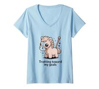 Femme Poney de Motivation Mignon trottant vers Mes objectifs T-Shirt avec Col en V
