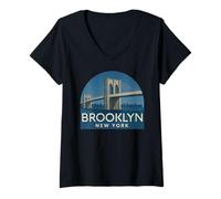 Femme Pont de Brooklyn, Panorama rétro de New York, Ville Vintage, NYC, NY T-Shirt avec Col en V