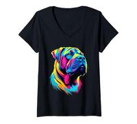 Femme Pop Art Chinois Shar-Pei Amoureux des chiens T-Shirt avec Col en V