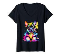 Femme Pop Art coloré Chiot Berger Allemand T-Shirt avec Col en V