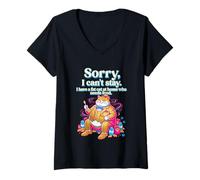 Femme Pop Art Dessin animé Sorry I Can't Stay Fat Cat Needs Food T-Shirt avec Col en V
