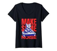 Femme Pop Art - Make Some Noise Cat DJ T-Shirt avec Col en V
