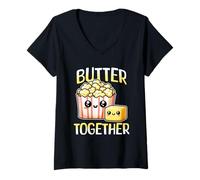 Femme Popcorn au Beurre Pun Kawaii pour Les cinéphiles T-Shirt avec Col en V