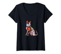 Femme Porte-Chat à Motif Floral Japonais Chat Origami Kawaii T-Shirt avec Col en V