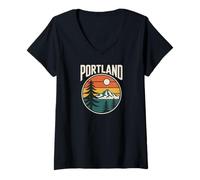 Femme Portland Retro Sunset Mountain Scene Scenic Outdoor T-Shirt avec Col en V