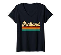 Femme Portland, Ville américaine, rétro, Vintage T-Shirt avec Col en V