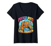 Femme Porto Rico Niveau Débloqué Gamer Coqui Frog T-Shirt avec Col en V