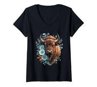Femme Portrait Animal de Bison avec Fleurs T-Shirt avec Col en V
