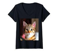 Femme Portrait Artistique de Chat tigré Brun aux Yeux Jaunes T-Shirt avec Col en V