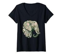 Femme Portrait botanique éléphant Faune Animal Nature T-Shirt avec Col en V