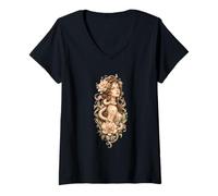 Femme Portrait botanique Mystique de la déesse Florale Serpent Muse T-Shirt avec Col en V
