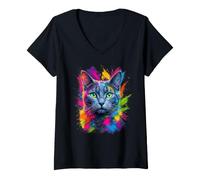 Femme Portrait Coloré De Chat Chartreux T-Shirt avec Col en V
