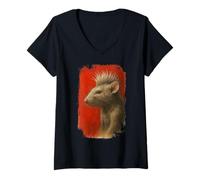 Femme Portrait d'animal de Rat Punk, Style d'art rupestre T-Shirt avec Col en V