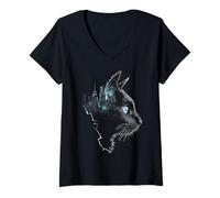Femme Portrait de Chat américain à Poil Court Yeux Bleus Dessin Motif T-Shirt avec Col en V