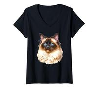 Femme Portrait de chat birman T-Shirt avec Col en V