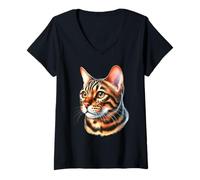 Femme Portrait de Chat du Bengale T-Shirt avec Col en V