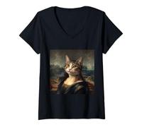 Femme Portrait de Chat inspiré de Mona Lisa avec Style Renaissance T-Shirt avec Col en V