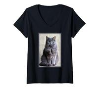 Femme Portrait de Chat Nebelung T-Shirt avec Col en V