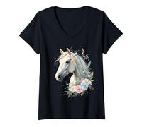 Femme Portrait de Cheval Blanc avec Fleurs Élégantes - Art Abstrai T-Shirt avec Col en V