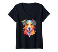 Femme Portrait de Chien Abstrait coloré et Audacieux, Art Moderne T-Shirt avec Col en V