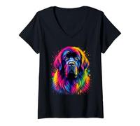 Femme Portrait De Chien Coloré De Terre-Neuve T-Shirt avec Col en V