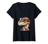 Femme Portrait de Dinosaure Floral en Patchwork fantaisiste T-Shirt avec Col en V